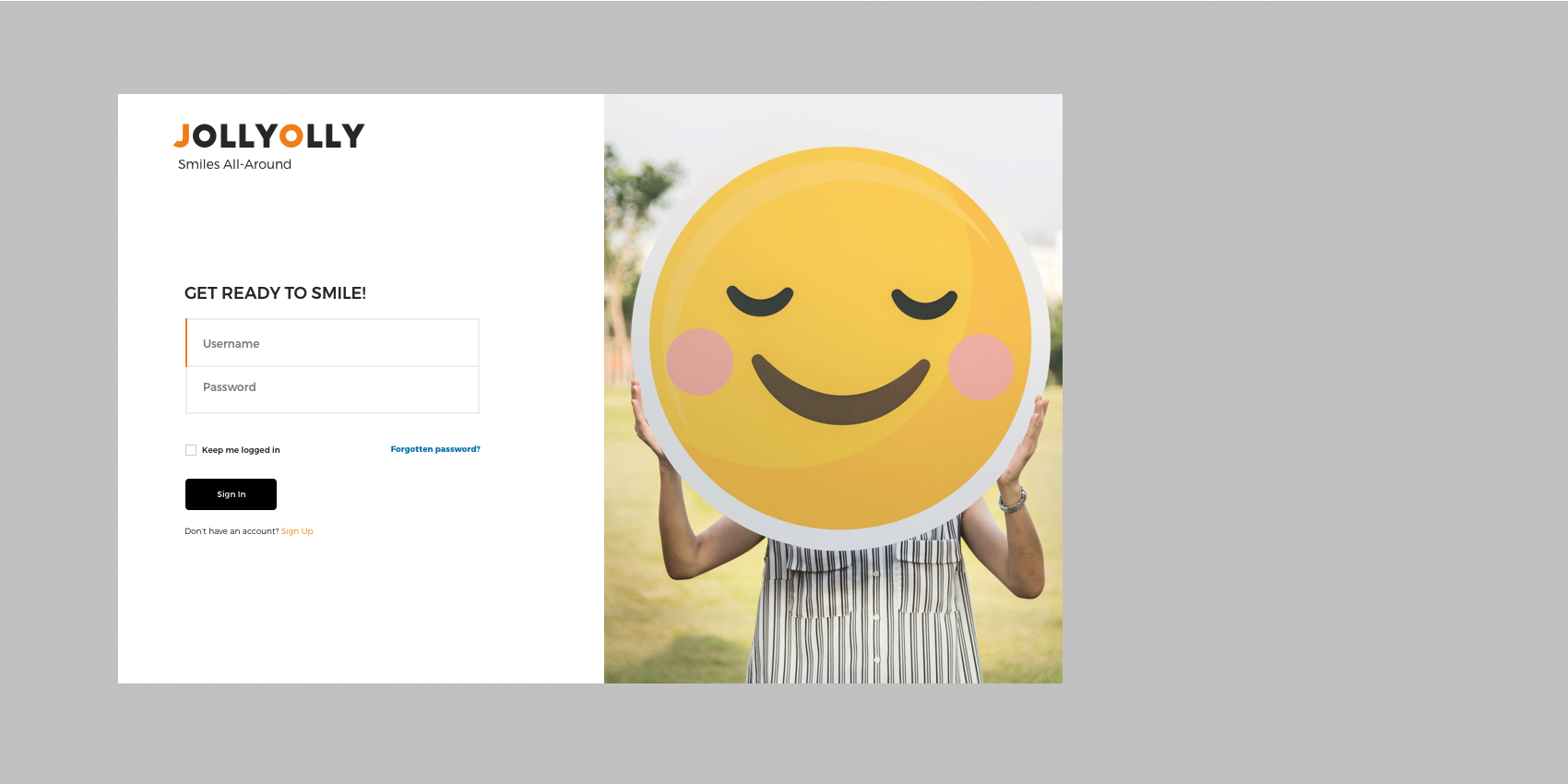 login page made with tagline 'get ready to smile' in mind