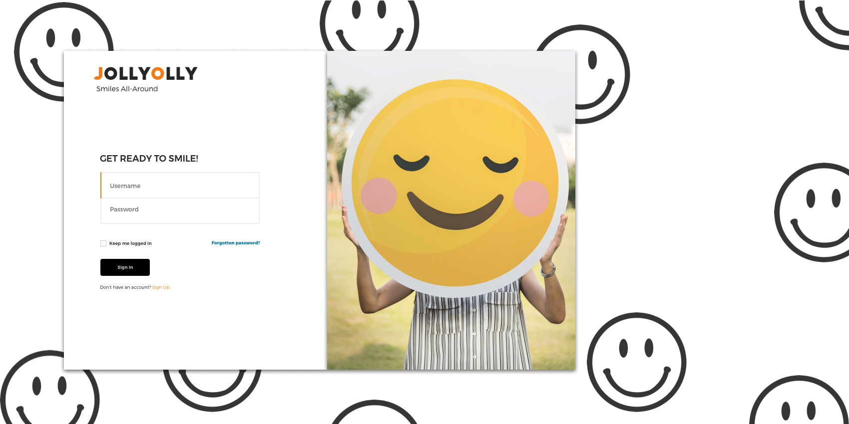login page embodying the tagline 'get ready to smile' with smiley faces throughout